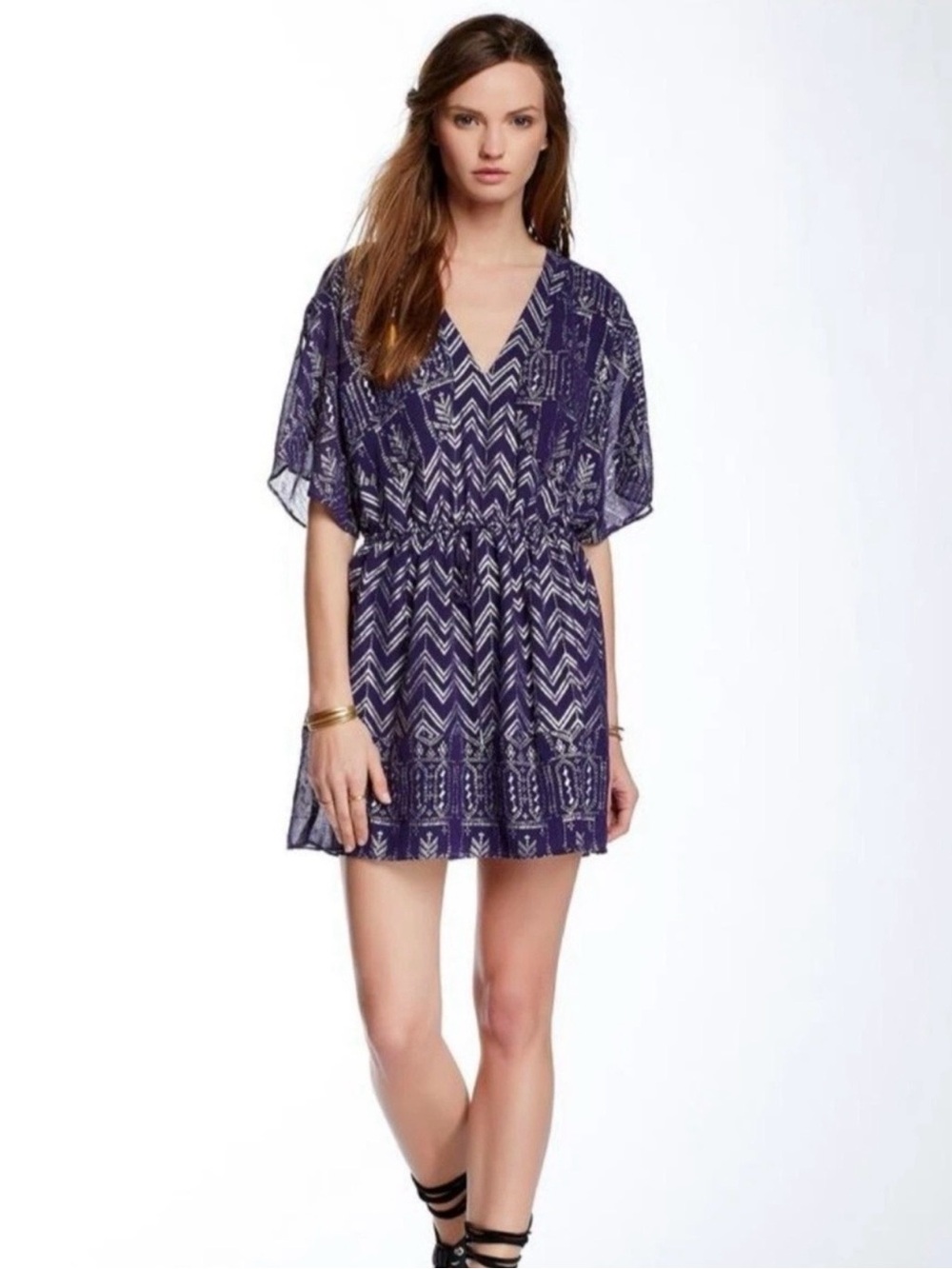 Free People Purple Printed V-Neck Dress